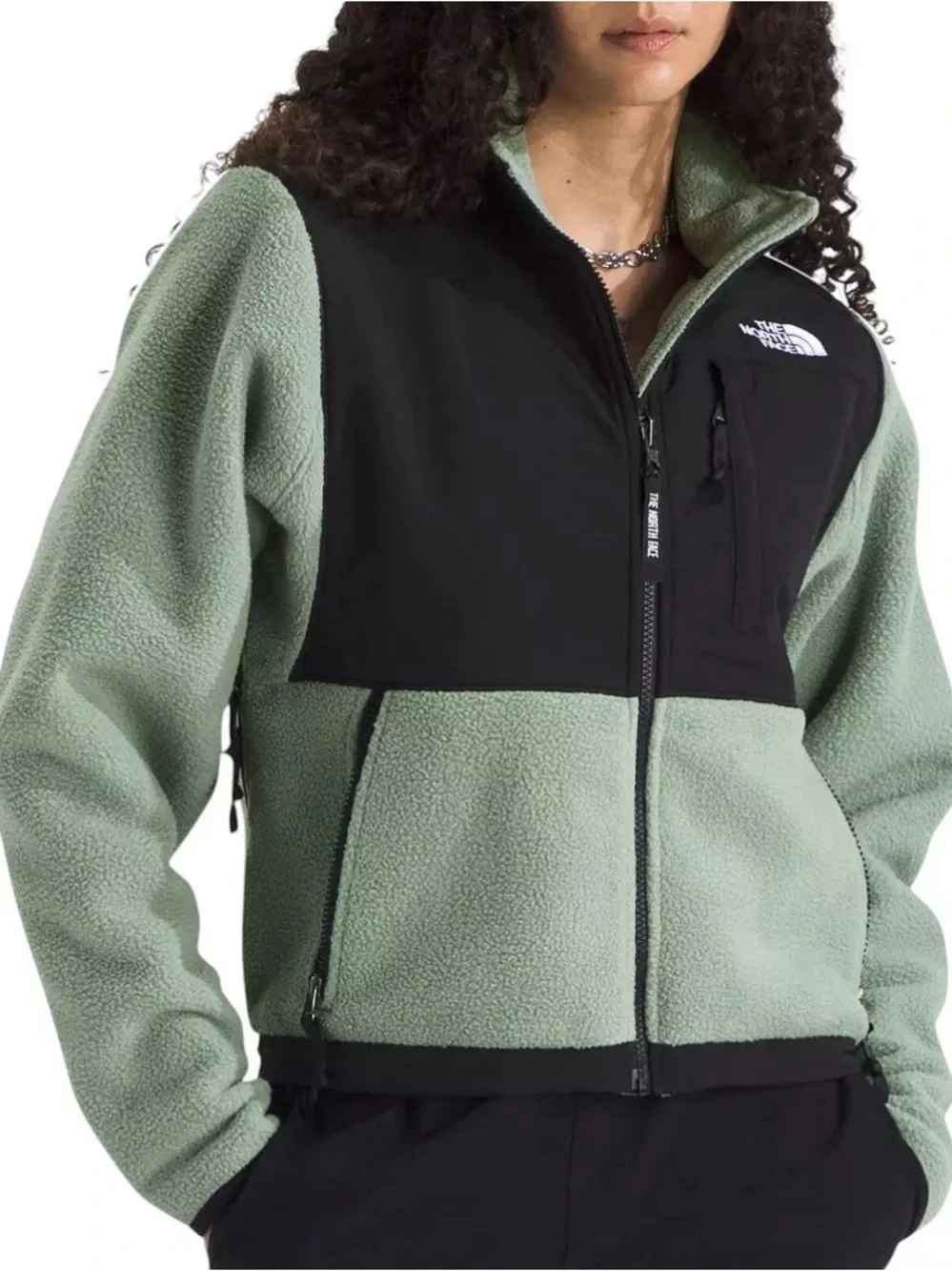 The North Face Women's Two-Tone Teddy Fleece Jacket in Sage Green and Black - Picture 1 of 7